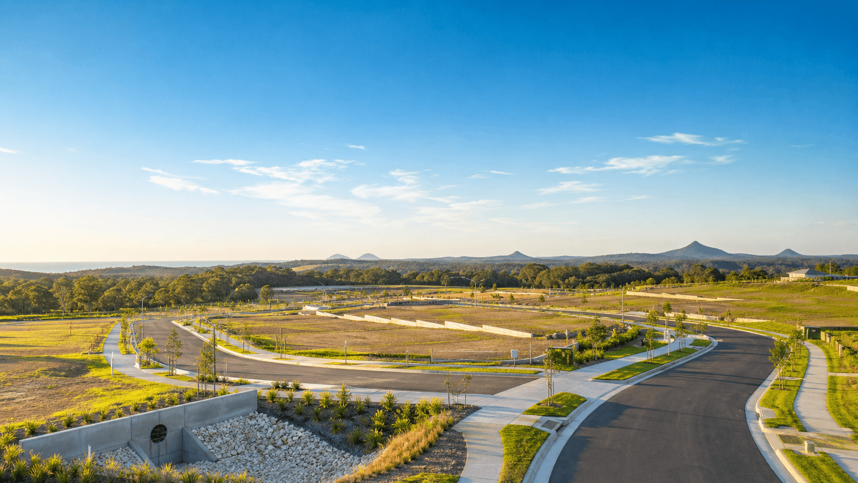 Blue sky subdivision development with roads, lots and civil infrastructure